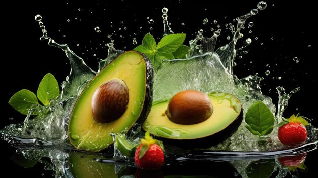 Flying fresh avocado hit by splashes of water with black blur background