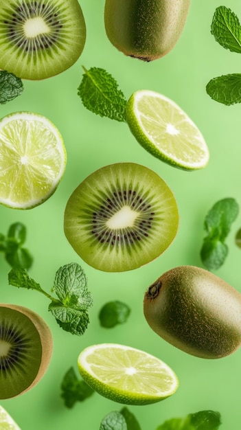 Photo flying fresh raw whole and sliced kiwi lime and mint leaves on green background falling fruits