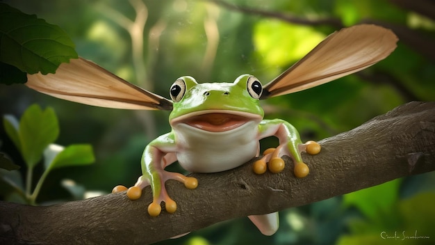 Flying frog closeup face on branch