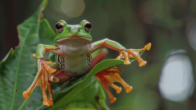 Flying frog on leaves rhacophorus reinwardtii generative ai