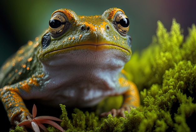 Flying frogs face in close up on moss