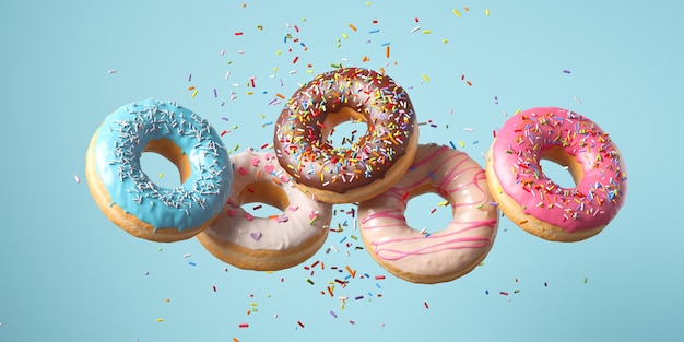 Flying Frosted sprinkled donuts. Set of multicolored doughnuts with sprinkles isolate on color background. 3d rendering.