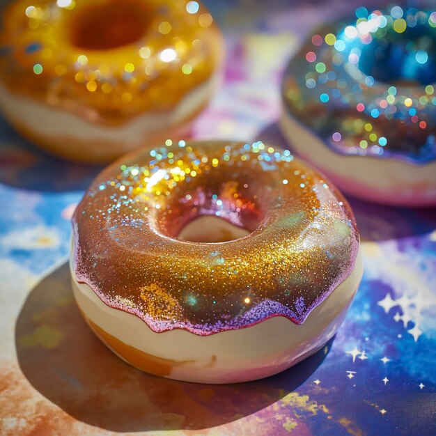 Flying Frosted sprinkled donuts Stack of different donuts Chocolate donut Strawberry Donut Pink