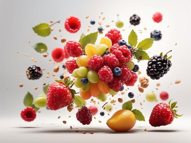 Flying fruits and berries isolated on white background