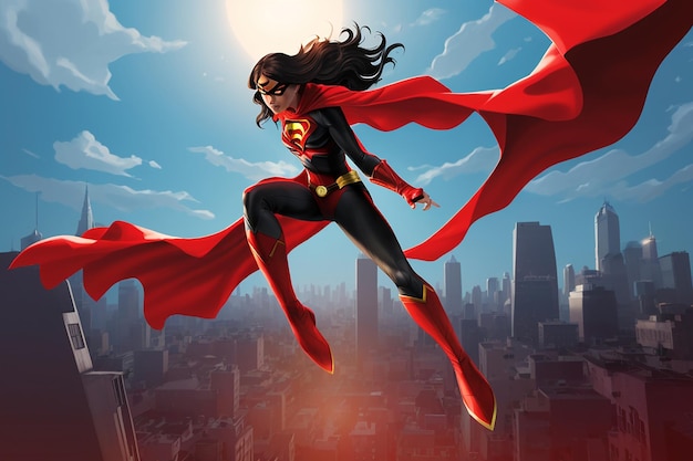 Photo flying girl superhero sup hero woman silhouette over city roofs red cape vector comic super justice concept