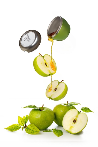 Flying green apples and a jar of honey on a white background Food levitation concept Creative Concept Jewish New Year Happy holiday Rosh Hashanah