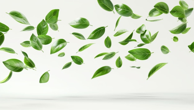 Flying Green Leaves on White Background Fresh and Natural Leafy Flora Concept