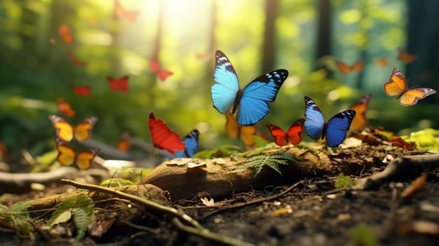 Flying group colored butterflies nice background Generative AI