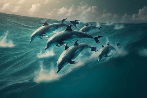 Flying above a group of marine dolphins