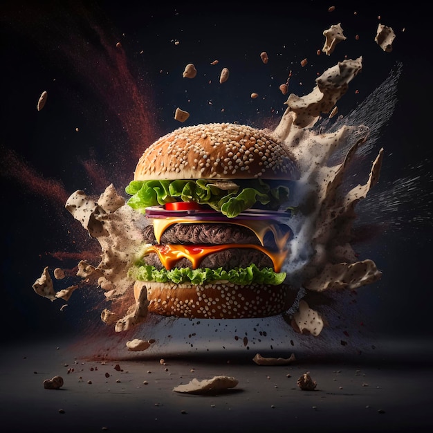 flying hamburger quartering with separate condiments, explosion of flavors and colors created with Generative AI technology