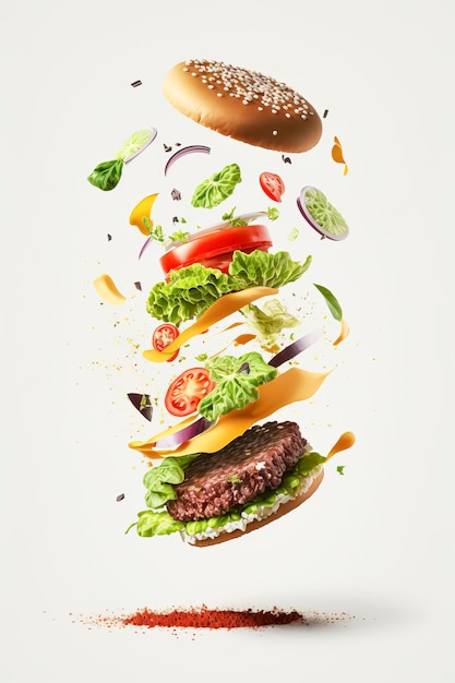 flying hamburger quartering with separate condiments, explosion of flavors and colors created with Generative AI technology