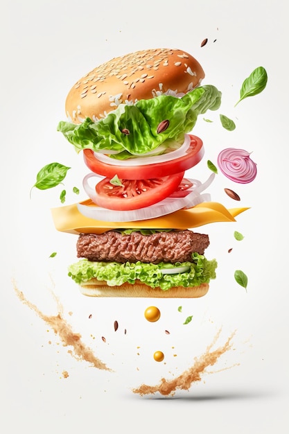 flying hamburger quartering with separate condiments, explosion of flavors and colors created with Generative AI technology