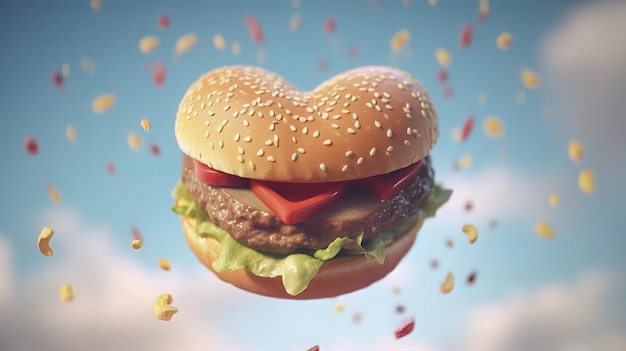 Flying Hamburger with HeartShaped Bun Perfect for Burger Lovers