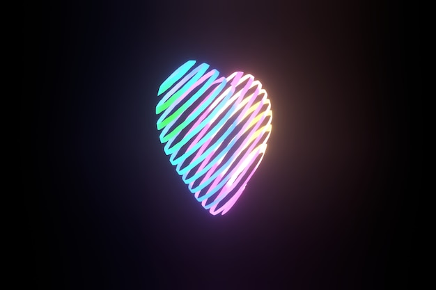 Flying heart made of colorful bright ribbons. 3D rendering.