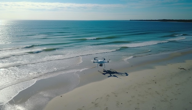 Flying helicopter surveys tropical coastline at sunset generated by AI