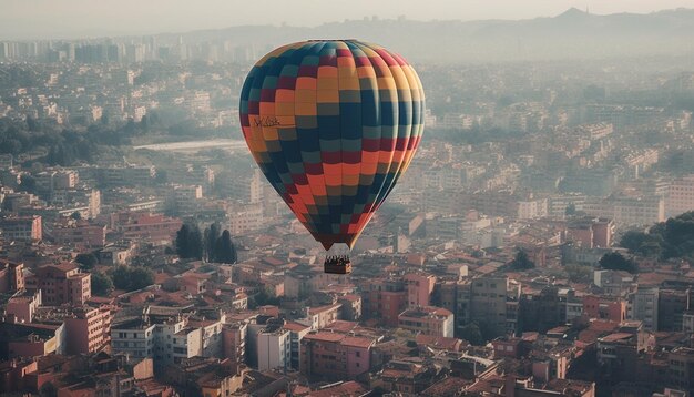 Flying high above city hot air balloon adventure generated by AI