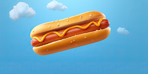 flying Hot dog in cartoon style on blue background