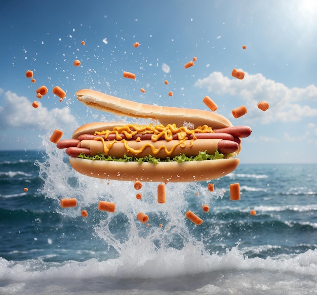 Flying hot dog with mustard and ketchup against the background of the sea