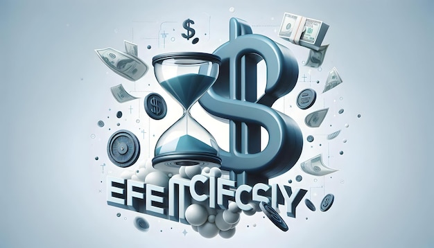 Photo flying hourglass and dollar sign with the word efficiency concept as a vector design showing an hour