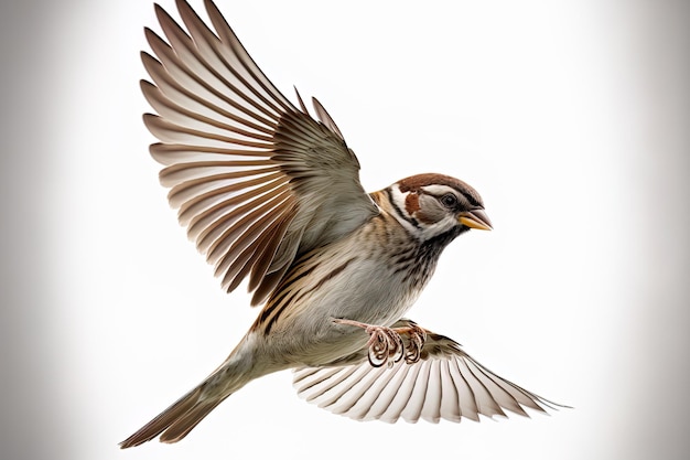 Flying House sparrow on white background Passer domesticus