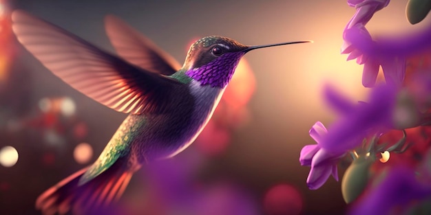 Flying hummingbird closeup in purple color scheme AI generated illustration