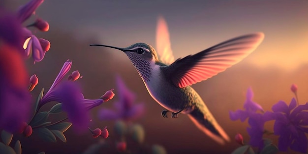 Flying hummingbird closeup in purple color scheme AI generated illustration