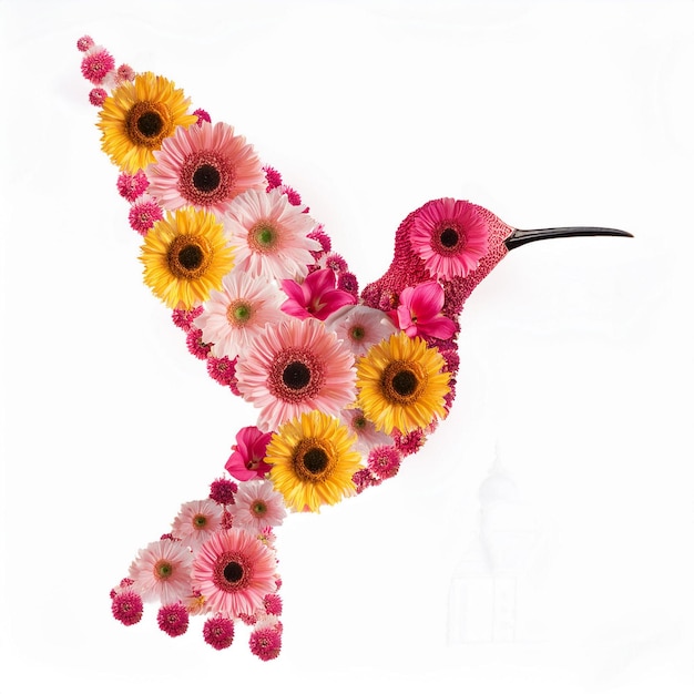 Photo a flying hummingbird made of pink sunflowers alleys and tulips on a white background in mosque1 5