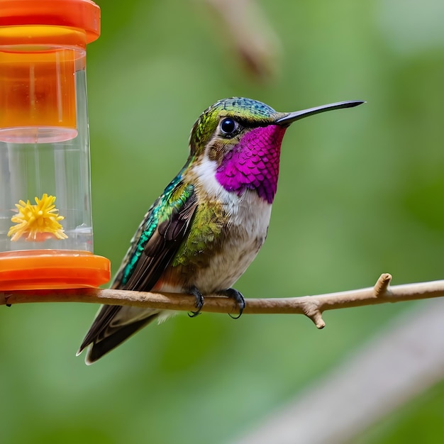 Flying hummingbird with green forest in background Small colorful bird in flight