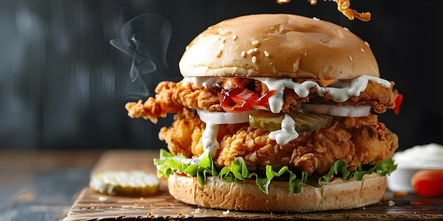 Flying Ingredients Crispy Fried Chicken Burger Ready to Serve Concept Food Photography Fast Food Crispy Chicken Burger ReadytoEat