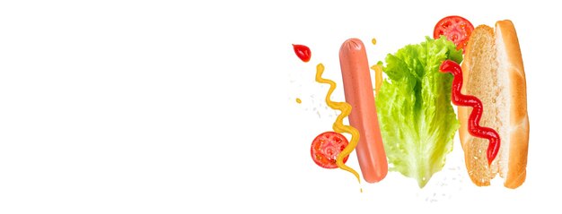 Flying ingredients for delicious hot dog on white background Levitating sausage tomatoes and lettuce