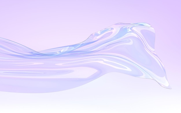 Flying iridescent glass ribbon or water wave 3d render Holographic transparent shape with gradient texture in motion Abstract crystal or plastic form on purple geometric background