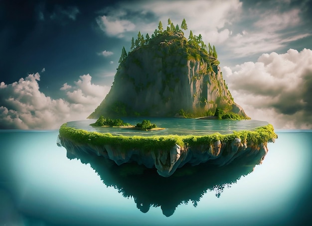 Photo flying land with beautiful landscape green grass and waterfalls mountains 3d illustration of floating forest island isolated with clouds