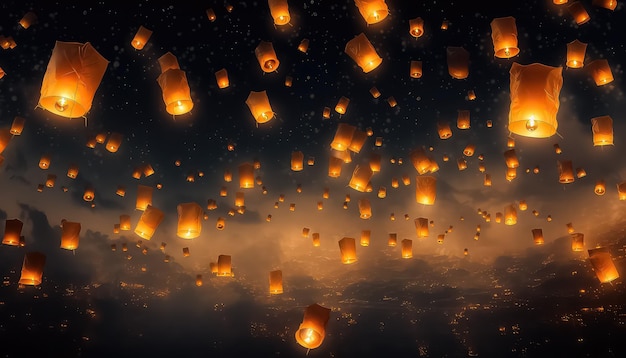 Flying lanterns in the sky during the Diwali festival in India