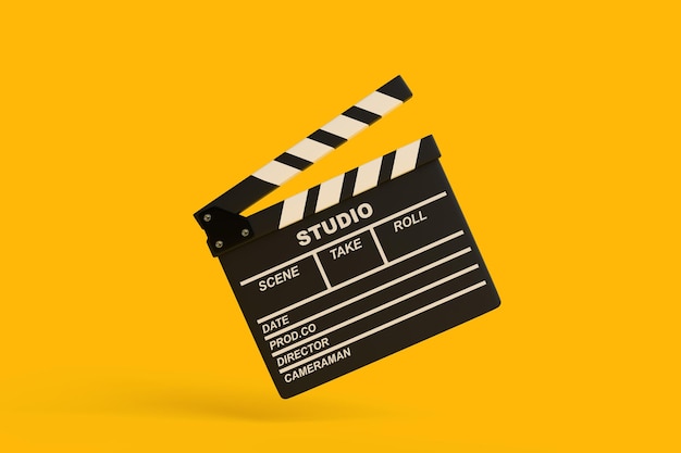 Flying lapperboard isolated on bright yellow background in pastel colors 3D render illustration