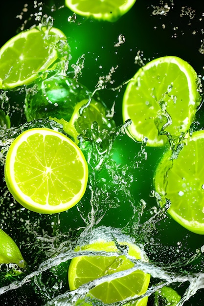 Flying a lime slices with water splashing generative ai