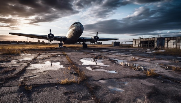 Flying metal machinery takes off into dusk generated by AI