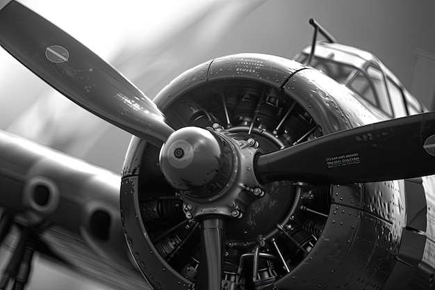 Flying military fighter plane propeller engine black and white history