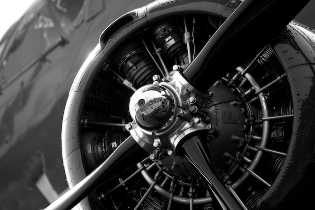 Flying military fighter plane propeller engine black and white history