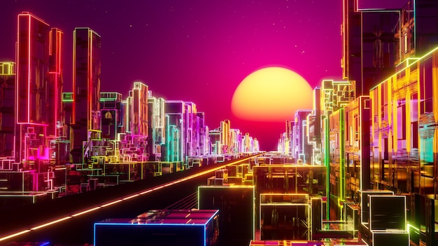 Flying over the neon city at sunset 3D rendering illustration