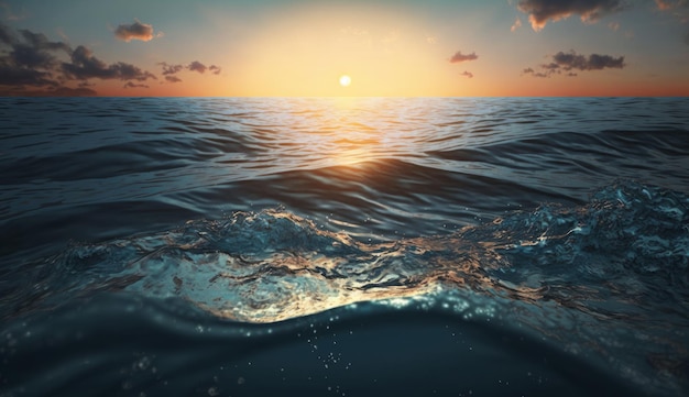 Flying over the Ocean during golden hour Giant waves foaming and splashing