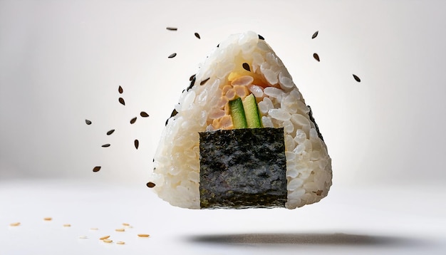 Photo flying onigiri with white background isolated