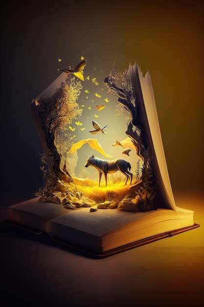 Flying Open book with splashing magic nature world with animals