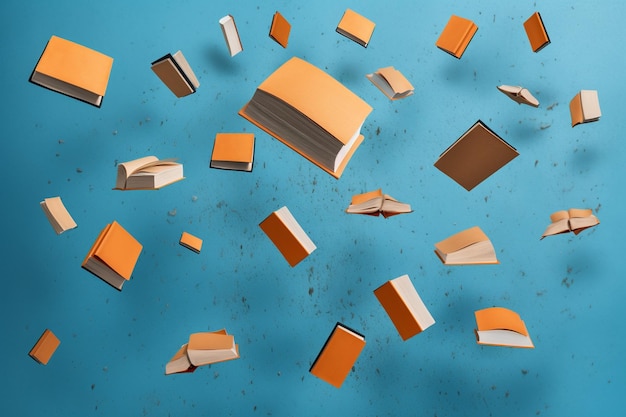 Photo flying orange books on a blue canvas