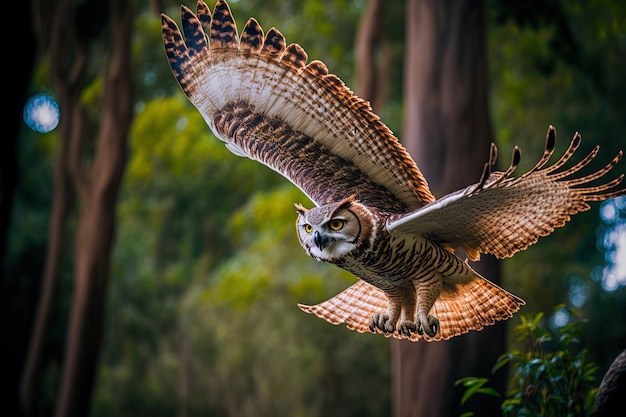 Flying owl in selective focus above a woodland