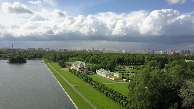 Flying over a parkland in classic style