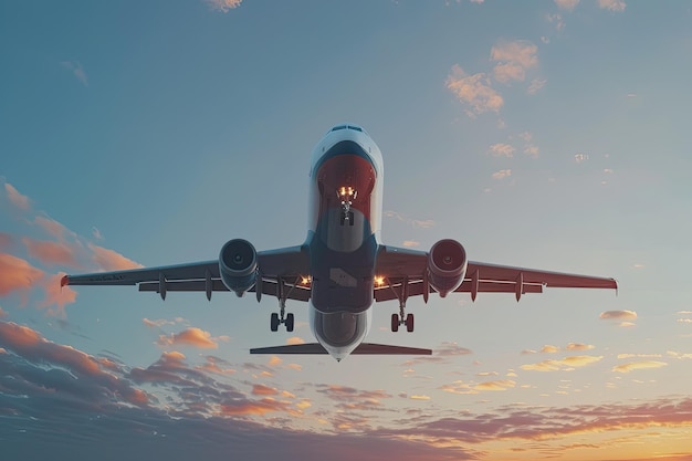 Flying passenger airplane taking off into blue sunset sky