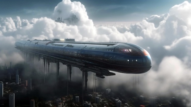 Flying passenger train Futuristic sci fi city in clouds concept of the future AI Generative