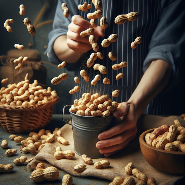 Flying peanuts in a wooden bowl on a rustic wooden background