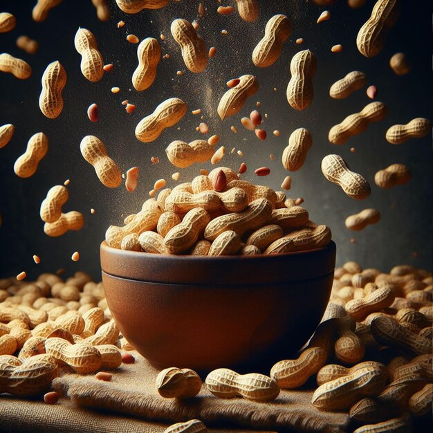 Flying peanuts in a wooden bowl on a rustic wooden background