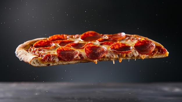 Flying pepperoni pizza slice captured midflight with bright lighting contrasting